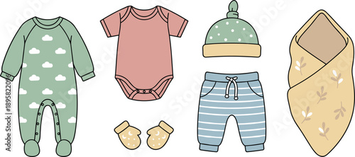 Baby Clothing Illustration Set with Bodysuit Pajamas Hat Mittens and Blanket Isolated on White Background