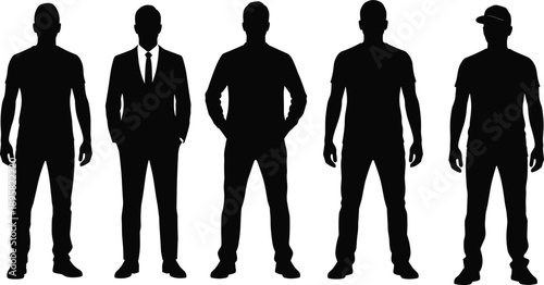 Male silhouettes standing set, different clothing styles casual and business isolated on white background for character vector illustration design collection