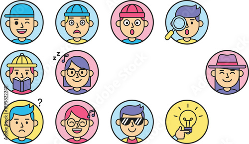 Cartoon People Avatar Illustration Set with Different Expressions and Professions Isolated on White Background