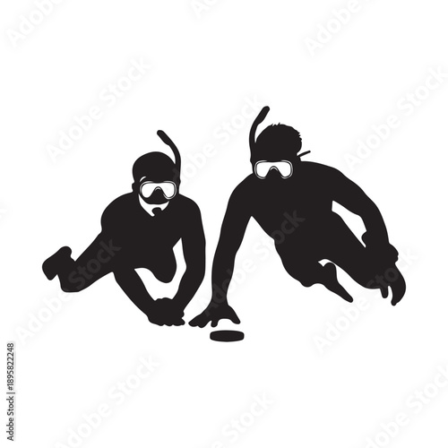 Silhouette of two underwater hockey players with snorkels and masks competing for a puck submerged.