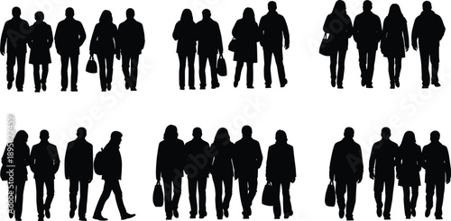 People silhouettes walking in groups, men and women crowd isolated on white background for urban lifestyle vector illustration design use
