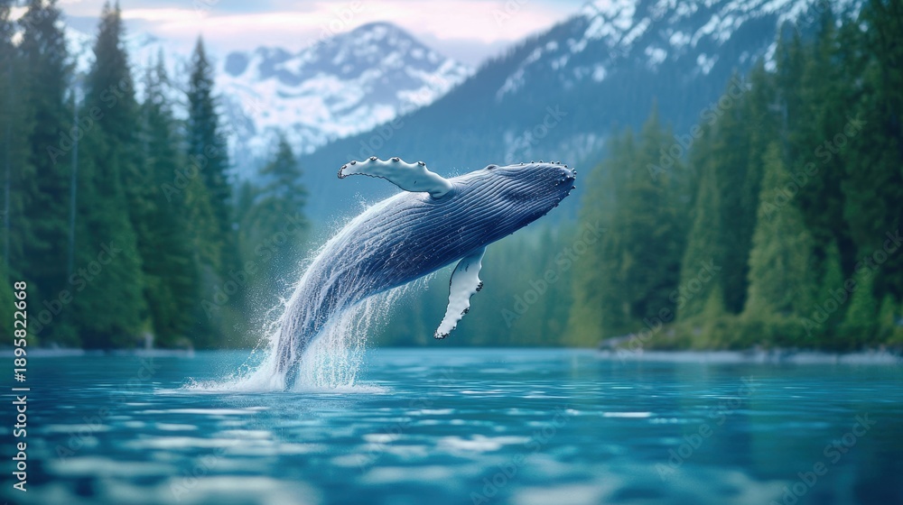 Obraz premium Whale A humpback whale breaching the surface of the ocean with water cascading off its body.