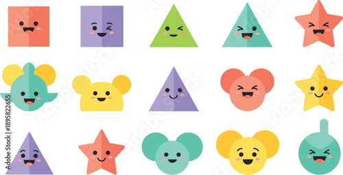 Cute Geometric Animal Face Illustration Set with Mouse and Star Characters Isolated on White Background