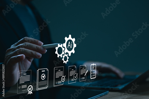 Professional businessman manages digital documents using artificial intelligence automation technology system. Virtual icons represent legal compliance, quality control, efficient workflow