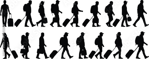 Travelers silhouettes walking with luggage, people moving through airport terminal isolated on white background for travel transportation concept illustration design