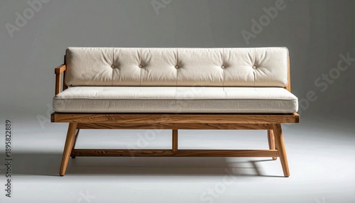 Modern wooden bench with beige cushioned seat and backrest on gray background