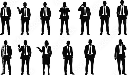 Business people silhouettes set, men and women in suits standing and gesturing isolated on white background corporate vector illustration design