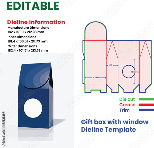 Gift Box Dieline Template With Window And Dimensions Information packaging die cut
