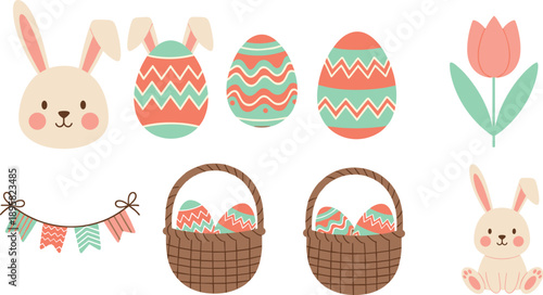 Cute Easter illustration set, bunny eggs baskets tulip garland pastel spring elements isolated on white background vector design for kids