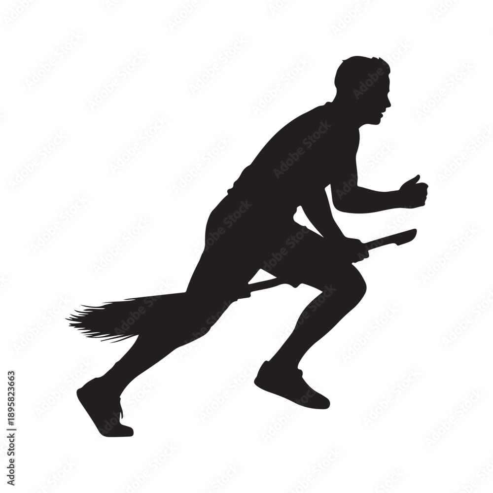 Obraz premium Black silhouette of a man running with a broomstick during a Quidditch match or training.