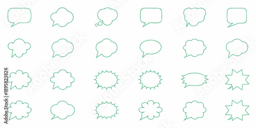 Collection of various green speech bubbles and starburst shapes on white background