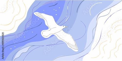 A white seagull soars through a stylized blue and cream sky