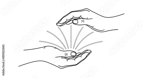 Simple line drawing of hands exchanging a coin with motion lines.