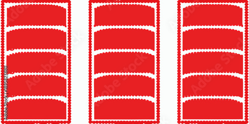 Three rows of red postage stamps with scalloped edges on a white background