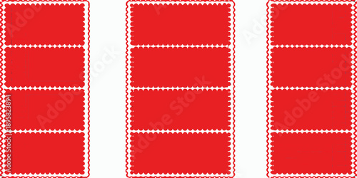 Three red rectangular frames with decorative white stitching on a white background