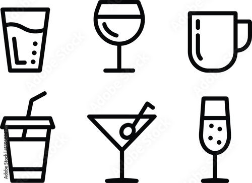 Beverage outline icon set, drink glass mug cocktail wine juice symbols collection, bar cafe menu, clean minimal line vector