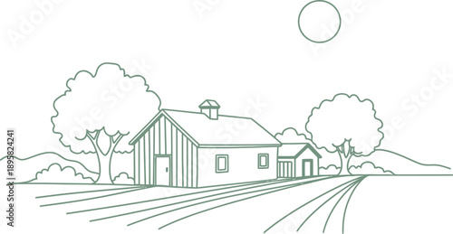 Simple Green Farm with Barn and Trees