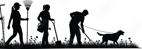 Gardening people silhouette scene, men and women working outdoors with tools and dog, yard maintenance farming activity, nature landscape concept