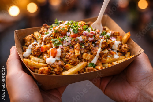 Billede på lærred Close-up of hands holding a tray of delicious loaded fries topped with seasoned meat, white sauce, and fresh herbs