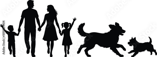 Happy family walking with dogs silhouettes, parents and children enjoying outdoor together, loving pets vector illustration isolated on white background