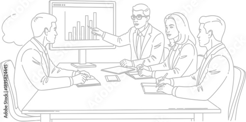Business team discussing data on computer screen