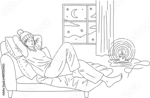 Woman relaxing on sofa with alarm clock