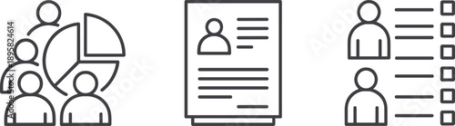 Human resources line icon set, team management, user profile document, people checklist, business HR analytics, minimal outline illustration