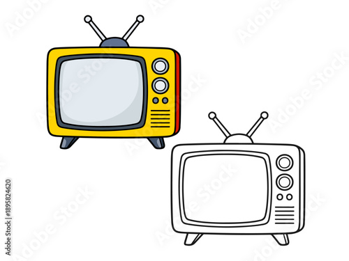 Simple vector illustration of a retro television shown in two styles: a colorful yellow version and a black outline version, representing filled and line icon designs.