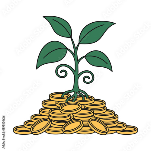 A green plant with leaves growing from a large pile of golden coins, symbolizing financial growth and investment.