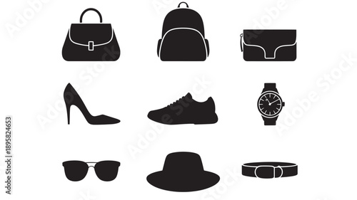 Collection of fashion accessories and apparel items displayed in a grid layout on a clean white background from a direct viewpoint