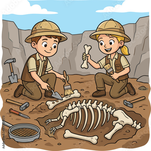 Kids archaeology cartoon illustration, children excavating dinosaur fossils, paleontology learning activity, science education adventure vector art, classroom teaching kids concept
