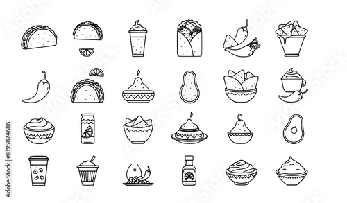 Minimal outline Mexican food vector icons set with doodle style cuisine illustrations