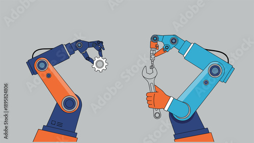 Two industrial robotic arms working together on mechanical assembly task holding gear and wrench against plain grey background surface.