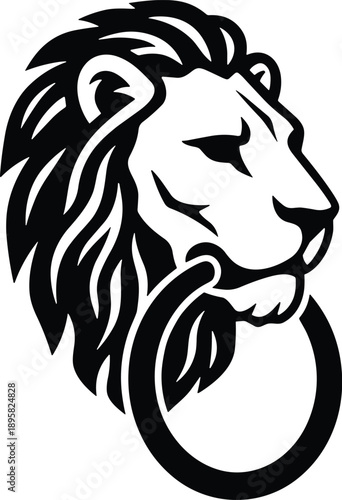 Minimal vector silhouette, antique door knocker shaped like a lion’s head, solid black, isolated on white.