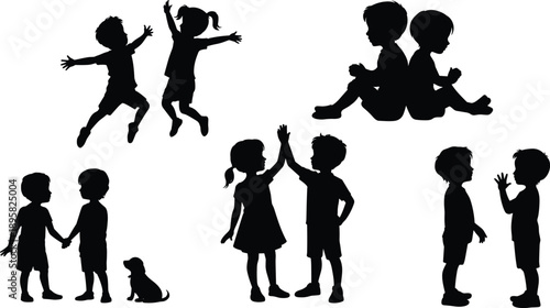 Kids playing silhouettes, happy children friendship moments, playful poses vector illustration isolated on white background for education and fun design