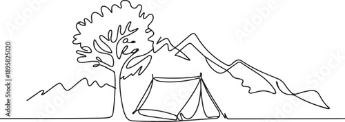 Continuous one line drawing of tent camping in nature. Canvas tent with tree and mountain line art vector illustration. one line Art icon drawing vector