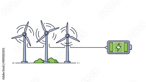 Sustainable energy illustration showing three wind turbines connected to large battery icon indicating full charge and renewable power.