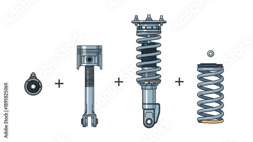 Diagram showing mechanical automotive parts including piston, shock absorber, and spring being added together in sequence with plus signs.