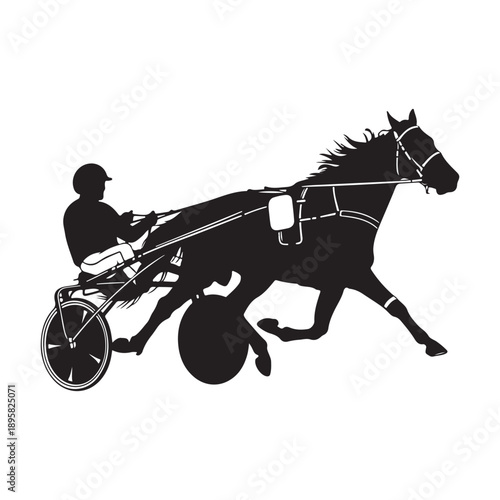 Silhouette of a harness racing athlete sitting on a sulky pulled by a galloping horse.