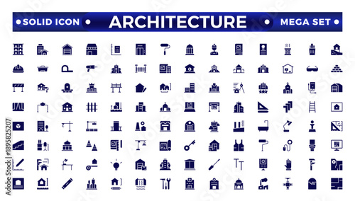 Architecture solid icons collection. Bank, temple, office, factory, shop, hotel, hospital icons. UI icon set. Apartment interior blueprint. House construction.