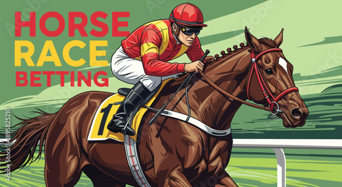 Jockey riding brown horse in red and yellow racing gear on green track