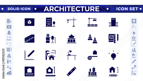 Architecture solid icons collection. Bank, temple, office, factory, shop, hotel, hospital icons. UI icon set. Apartment interior blueprint. House construction.