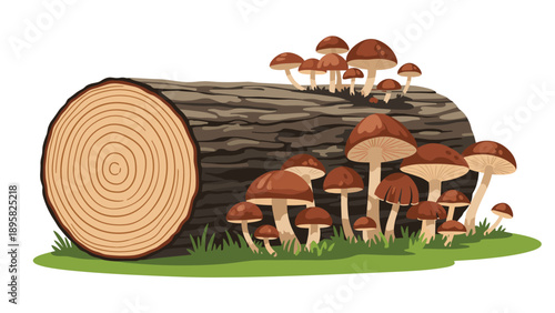 Large cut tree log lying on green grass is covered with many brown mushrooms growing in a natural forest environment.