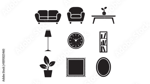 A collection of furniture and home decor items viewed from directly above in a minimalist setting