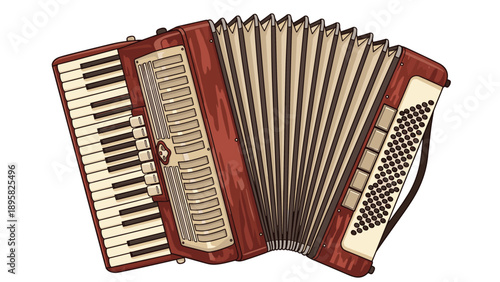 Detailed illustration of a traditional red and white musical accordion shows the bellows and keys used for playing music.