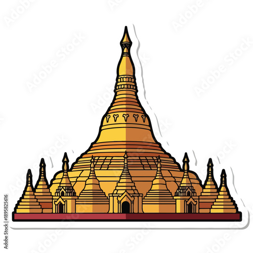 An illustration of a grand temple complex with multiple spires and a central stupa viewed from the front in a graphic style