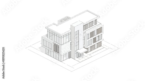 Architectural drawing of a modern multistory building with large windows and flat roof