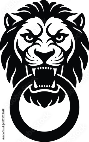 Minimal vector silhouette, antique door knocker shaped like a lion’s head, solid black, isolated on white.