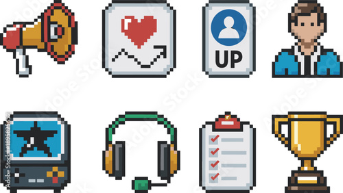 Pixel art business and media icons set, marketing communication analytics profile gaming support checklist award symbols, retro pixel style illustration, isolated white background