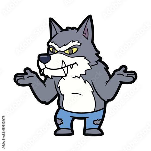 A cartoon werewolf stands upright with sharp teeth and claws wearing ripped jeans in a graphic illustration